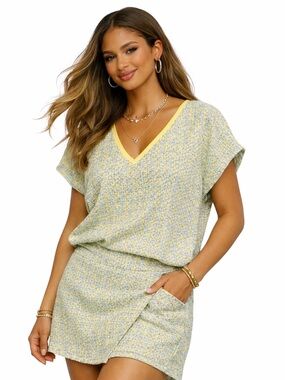 Pastel Yellow Blue Textured 2 Piece Matching Skort Set NWT Boutique Sz M
